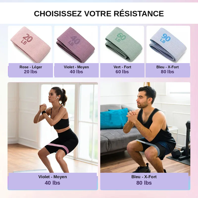 Bande Élastique de Résistance Fitness – 20 à 90 LB | Yoga, Pilates & Musculation